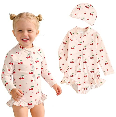 Peybaiwy Traje de baño para niñas pequeñas con Gorro de natación bañador de Manga Larga con Estampado de Cerezas para bebés Traje de baño de una Pieza con Cremallera Frontal Que Protege del Sol
