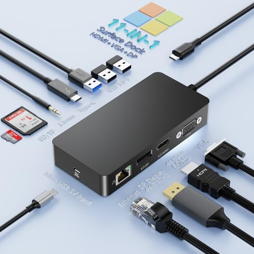 Neues Surface Thunderbolt 4 Dock,11 in 1 Surface Docking Station Triple Display mit 4K HDMI+DP+VGA für Surface Pro 11/10/9/8/X/7+/7,Surface Laptop 7/6/5/go/4/3/2/1,Book 3/2/1,Go 4/3/2/1