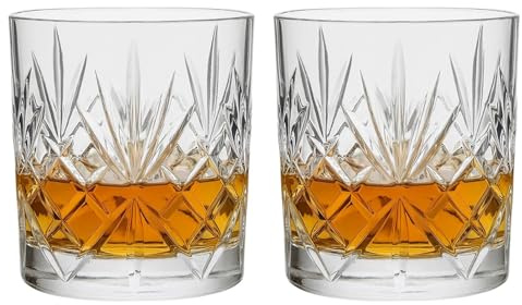 UNIQUE HOME LIVING Whiskey Glasses Set of 2 Vintage Whisky Tumblers 340ml Old Fashioned Drinking Glasses Clear Cut Glass Cups for Bourbon Brandy Rum Cocktail Glassware Barware Home Bar Party Men Gift