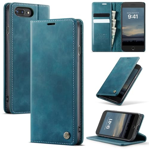 Cracedily Wallet Case for iPhone 6 Plus Leather Wallet Flip Cover with Card Holder, Kickstand, Magnetic Closure, RFID Blocking TPU Shockproof Phone Case Compatible with iPhone 6S Plus, Blue-Green