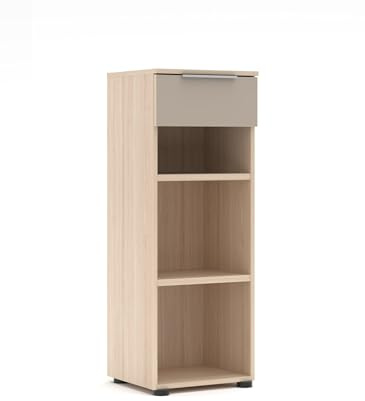möbelando Hochkommode >Santorin< Glas Cashmere Front Riva Eiche Melamin mit 3 Fächer 1 Schublade Softclose modular bietet Santorin strukturierten Stauraum, Chrom Metallgriff - 40x110x38 cm (BxHxT)