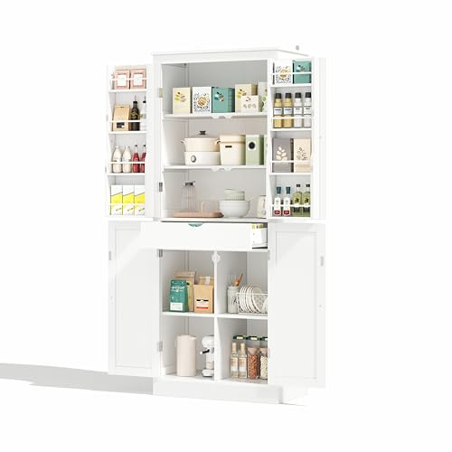 Merax Küchenschrank, Mehrzweckschrank Freistehend, Vorratsschrank, Buffetschrank mit Gewürzregal, 4 Türen und Schublade, Schrank, Kücheninsel, Küchenmöbel für Küche, Esszimmer, Wohnzimmer (Weiß)