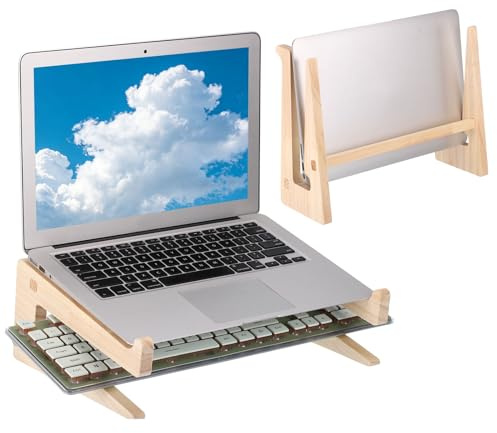 PATIKIL Wooden Laptop Stand, 1 Pack Dual-Use Laptop Stand Vertical Sturdy Pine Wood Anti-Slip Ventilated Space-Saving Notebook Riser for 13-18 Inch Desk Tablets, Square