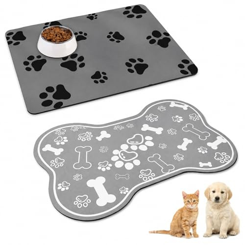 2 Pcs Dog Bowl Mats for Floors, Absorbent Pet Food Mat Set, 30 x 50 cm | Diatomite absorbent surface; non-slip rubber backing; bone and paw prints; quick-dry pet food mat for bowls and fountains