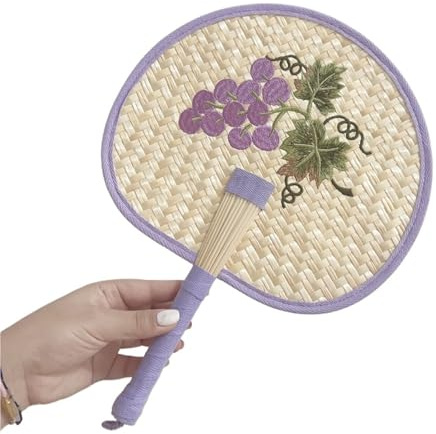 Ventaglio in paglia fatto a mano, Ricamo Fiore Estivo Ventagli In Paglia Intrecciata A Mano Feste All'aperto Multicolor 25x25x3 cm(Purple)