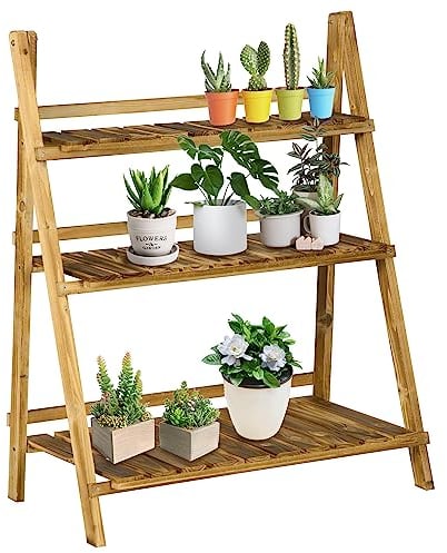 Outsunny Wooden Folding Flower Pot Stand 3 Tier Garden Planter Display Ladder Gardener Storage Shelves Rack Herb Holder (80L x 37W x 93H cm)