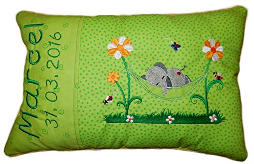 Momelie Grünes Schmusekissen * Kuschelkissen * Elefant * mit Namen Bestickt * ca. 25 * 40 cm groß * SK-gn_0037