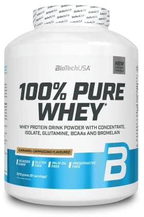 BioTechUSA 100% Pure Whey | Proteinpulver mit BCAA und Glutamin | Glutenfrei, Palmölfrei | 21g Protein pro Portion, 2.27 kg, Karamell-Cappuccino
