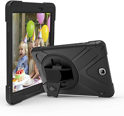 QIHANG Samsung Galaxy Tab a 9.7 Pulgadas (sm-t550/SM de T551/sm-t555) – Carcasa de Silicona, 3 Capas Heavy Duty Soft Silicona Hard Bumper Case Soporte + Correa de Mano antigolpes Carcasa Negro Negro