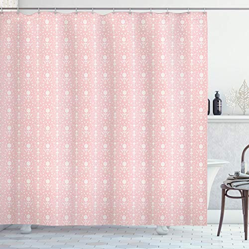 ABAKUHAUS Blumen Duschvorhang, Vintage Damast-Startseite, Stoffliches Gewebe Badezimmerdekorationsset mit Haken, 175 x 220 cm, Hellrosa und Weiß