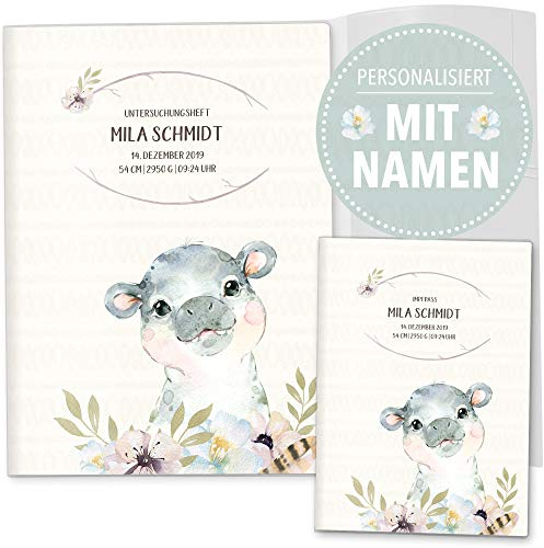OLGS U-Heft und Impfpass Hülle 3-teilig Wildnis Safari Tiere | Untersuchungsheft- und Impfpasshüllen, schöne Geschenkidee mit Namen (Uhefthülle, Impfpasshülle personalisiert, Nilpferd)