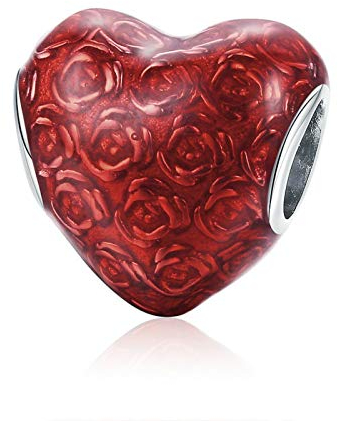 CHENGMEN Rose In Heart 925 Sterling Silver Christmas Red Charms For Bracelets Wedding Anniversary Birthday Charm Gifts for Mum Wife Girlfriend
