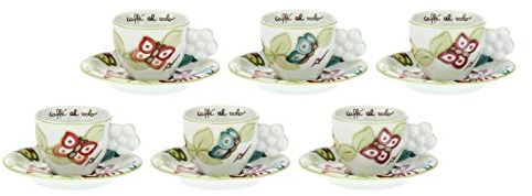 THUN - Set Tazzine caffè da 6, con Decorazione di Farfalle e Manico a Forma di Fiore - Accessori Cucina - Linea Farfalle in Festa - Porcellana