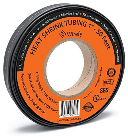 Wirefy 1 Heat Shrink Tubing - Large Diameter - 3:1 Ratio - Adhesive Lined - Industrial Heat-Shrink Tubing - Black - 50 Feet Roll