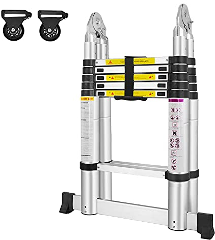 NAIZY Aluminium Teleskopleiter Klappbar Multifunktionsleiter Anlegeleiter Mehrzweckleiter Ausziehbare Leiter 12 Sprossen - 87cm bis 3,8m Anlegeleiter aus Hochwertigem Belastbarkeit 150KG