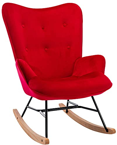 CLP Schaukelstuhl Sanka I Schaukelsessel Mit Samtbezug Und Metallgestell I Relaxsessel Mit Holzkufen, Farbe:rot