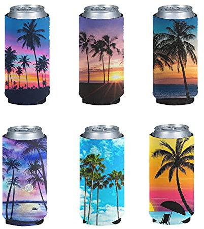 Kuiaobaty Hawaiian Palm Tree Print Soft Can Sleeves 6 Pack Neoprene Insulator Can Cooler Sleeve Bottle Can Holder Party Supplies for Birthday,Holiday Party Decorative