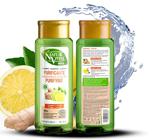 NaturVital - Champú Eco Purificante, Certificado Cosmos Natural +98% Ingredientes Naturales, Vegano, con Jengibre y Cítricos de Cultivo Bio Certificado, sin Parabenos, Colorantes ni Siliconas, 300ml