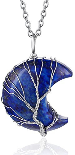 Bestyle Nature Lapis Lazuli Stone Necklace for Women September Birthstone Pendant Tree of Life Healing Crystal Pendant Necklace for Birthday Gift