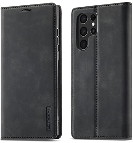QLTYPRI Hülle für Samsung Galaxy S22 Ultra, Vintage Matte Handyhülle mit Kartenfach Geld Slot Ständer PU Ledertasche TPU Bumper Flip Schutzhülle Kompatibel mit Samsung Galaxy S22 Ultra - Schwarz