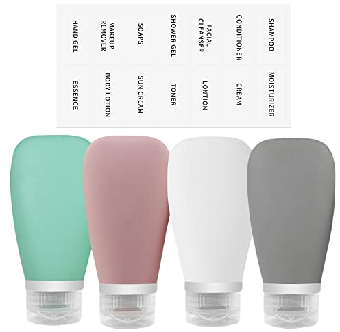 Travel Bottles for Toiletries 90ml, 4 Pack Silicone Travel Toiletries Portable Travel Containers Set Leak Proof Refillable Squeezable Silicone Bottle for Liquid Shampoos, Soap and Cosmetic