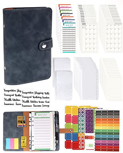 A6 Binder Budget Planner Notizbuch - 89pcs Leder Ringbuchordner Set, 6 Löcher Loseblatt Notebook Ordner Geld Sparen Mappe mit Budgetkarte/Kalender Karte/PVC Tasche/Refill Paper/Etikettenaufklebern