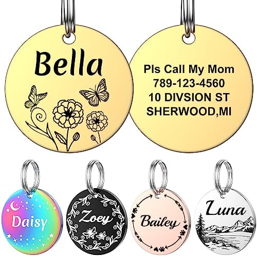 YEHANTI Hundemarke mit Gravur, Dog Tag Personalisiert mit Name, Telefonnummer und Verschiedene Muster Graviert für Hunde Katzen, Rund Edelstahl Adressanhänger Marke für Hundehalsband (Mittel, Gold)