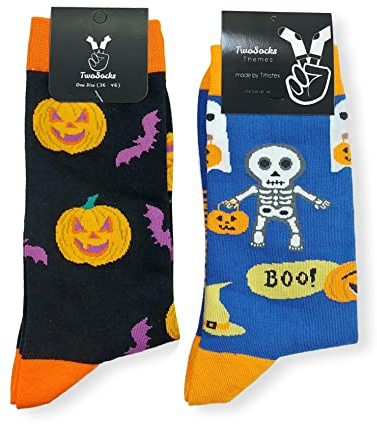 TwoSocks Halloween Socken Halloween Socks perfekt als Halloween Kleinigkeiten geeignet für Socken Damen Socken Herren (Skelett + Kürbis)