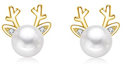 Hasnsofie Silber Weihnachten Ohrringe Damen, 925 Sterling Silber Elch Perle Ohrstecker, 7mm Süße Schlafen Knorpel Elch Ohrstecker mit Perle, Gold Weihnachts Ohrringe zum Weihnachten