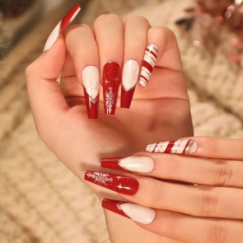 Handcess Noël Faux Ongles Rouge Presse sur Ongles Neige Faux ongles Long Ongles de Noël pour Femmes et Filles 24 Pièces