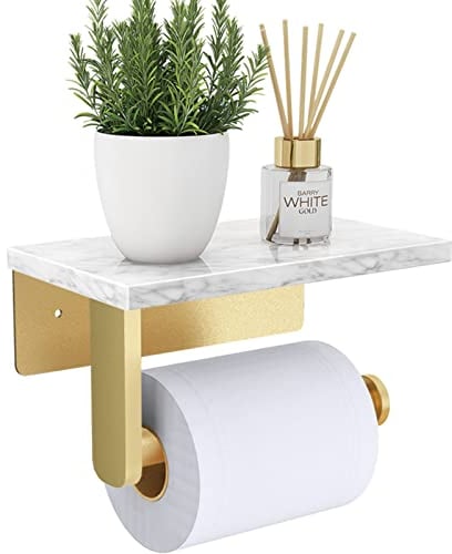 Brushed Gold Toilet Paper Holder with Natural Marble Shelf, 304 Stainless Steel Screw Wall Mounted, Tissue Roll Paper Holder Dispenser for Bathroom Washroom