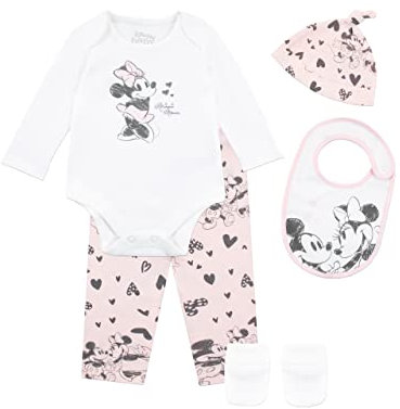 Disney Baby Mädchen Mickey und Minnie Mouse Bodysuit mit Hut und Latz Outfit 5-teiliges Set Rosa und Weiß 86