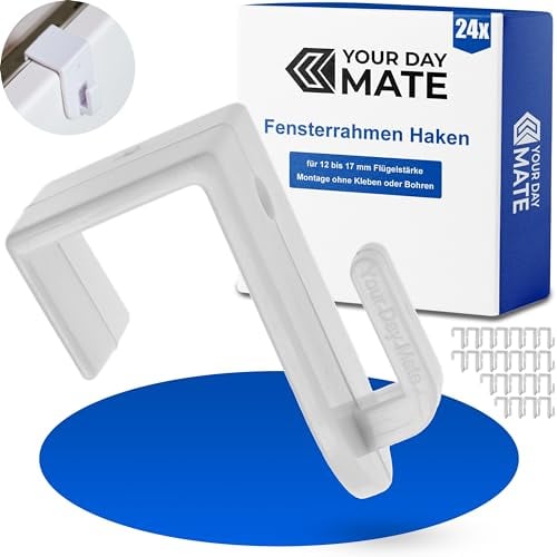 Fensterhaken zum Einhängen, 24 Stück, in Weiß, Dekohaken für 12 bis 17 mm Flügelstärke, Türhaken ohne kleben und bohren, Fensterclip für Lichterkette, Dekoanhänger, Türkranz, Aufhänger Fensterrahmen