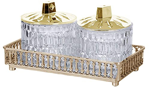 Serving Dishes Bowl Set of Gold Plastic Crystal 2Pcs Jars with Lid Mirror Glass Tray Unbreakable Decorative Jars Dish Sweet Jar Serving Tray for Cookie Nuts Bowl Clear Storage Container Food Platter
