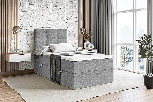 ALTDECOR Boxspringbett mit Matratze und Lattenrost, Boxbett, Topper, Polsterbett mit Bettkasten, Bett mit Stauraum H3-Matratze, Doppelbett, Springboxbett - Marce - Links Öffnung,90x200 - Grau