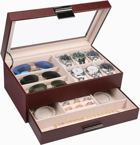 LANDICI Watch Box Organiser Jewellery box for Men Women, 2 Layer 6 Slot PU Leather Watch Storage Case with Glass Top, Large Jewelry Display Holder for Sunglasses Necklace Earring Ring (Brown)