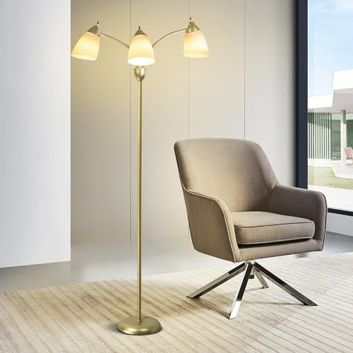 Depuley LED Stehlampe Wohnzimmer, E27 Moderne Stehleuchte mit 3 Flammig, Vintage Leselampe Gold mit Drehschalter, 360°Drehbarer Lampenhalter, Retro Standlampe für Büro,Schlafzimmer,Sofa Studio