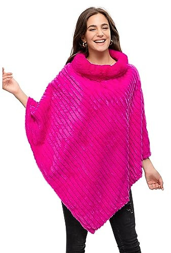 GLAMEXX24 Poncho da donna elegante mantello invernale con scollo rotondo, mantello spesso in calda pelliccia lavorata a maglia, rosa neon, Taglia unica