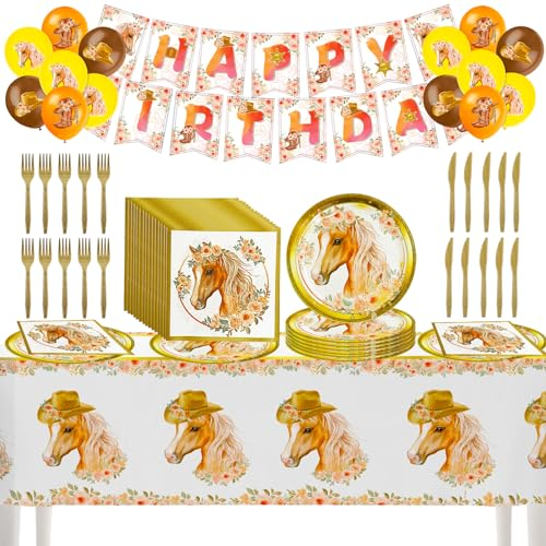 TaimeiMao Pferd Partygeschirr Set, Pferd Party Zubehör,mit Pappteller,Servietten,Messer,Gabeln,Tischdecke,Luftballons,Happy Birthday-Banner,Pferde Geburtstag Party Geschirr,für 10 Gäste