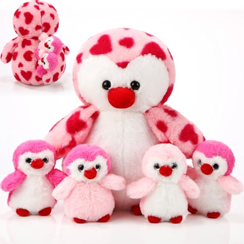 Harrycle 5 Stück Pinguin Plüsch Spielzeug Set 1 Mama Pinguin Stofftier mit 4 Süßen Babys im Bauch 35 cm Weiches Kuscheliges Plüschtier für Kinder Valentinstag Geburtstag (Herz Stil)