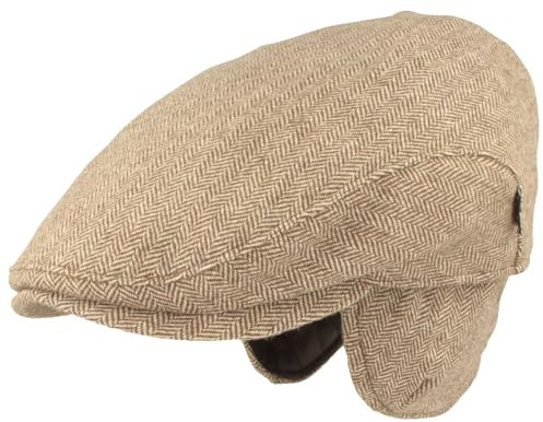 Breiter Herren Winter Schiebermütze mit Ohrenklappen Flatcap Schirmmütze 100% Wolle Mütze mit ausklappbarer Ohrenschutz Hautfreundlich & Bequem 58