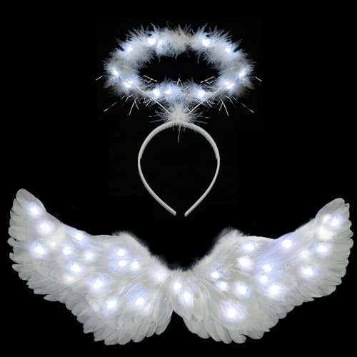 Ptesuply Alas de ángel iluminadas y aureola con luces LED, 3 modos de iluminación, disfraz de ángel blanco, para Halloween, Navidad, cosplay, fiestas, blanco frío, L