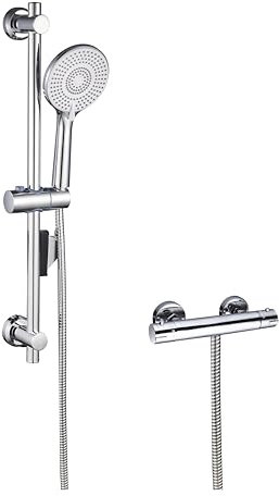 Inguz Thermax I Set Ducha Termostática (con barra ducha, soportes, teleducha y flexo), botón de control ecológico. Fabricado en Latón. Diseño Moderno y Ecologico. (Cromo)