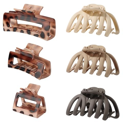 Shinowa 6 PCS Grandes Pinces à Cheveux, Pinces à Cheveux Griffe pour Cheveux Épais et Fins, Pinces à Mâchoires Antidérapantes de Couleur Neutre pour Femmes et Filles (Pieuvre + Rectangle) Set A