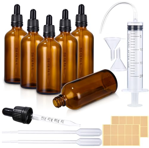 6Stk 100ml Braunglas Pipettenflasche, Glasflasche mit Pipette, Apothekerflasche Braunglasflasche mit Pipette, Tropfflasche mit Trichter Aufkleber und Etikett für Ätherische Öle, Aromatherapie-Düfte