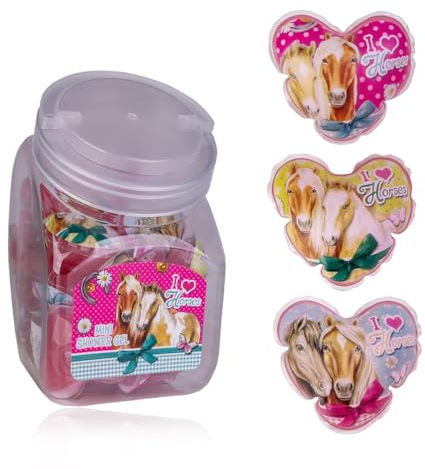 accentra Mini-Duschgel I LOVE HORSES – Großpackung Gastgeschenk für Kindergeburtstag, Tombolapreis oder Adventskalender Füllung – Bonbonglas mit 24 x 50 ml Pferde & Pony