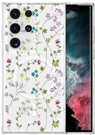 RALEAVO Magnetic Case for Samsung Galaxy S23 Ultra, Compatible with Magsafe Cute Flower Girls Women Clear Case Silicone Shockproof Protective Cover with Flowers for Samsung S23 Ultra-Branches