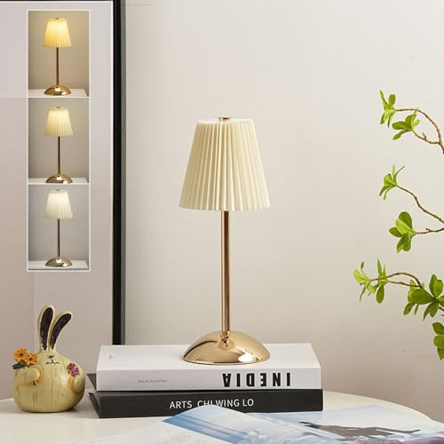 Starnearby LED Tischlampe Kabellos, Touch Dimmbar Akku Tischleuchte 3 Farbtemperatur, Vintage Plissee Metall Kleine Tischlampe für Schlafzimmer, Büro, Nachttisch (Beige + Goldbasis)