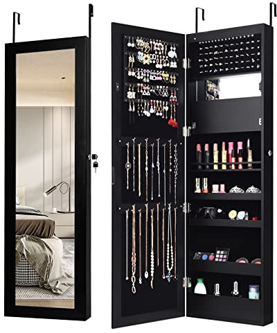 COSTWAY Armoire à bijoux de 120 cm avec miroir pleine longueur et miroir de maquillage intégré, armoire à bijoux miroir pour bagues, crochets à chaîne et boucles d'oreilles, noire