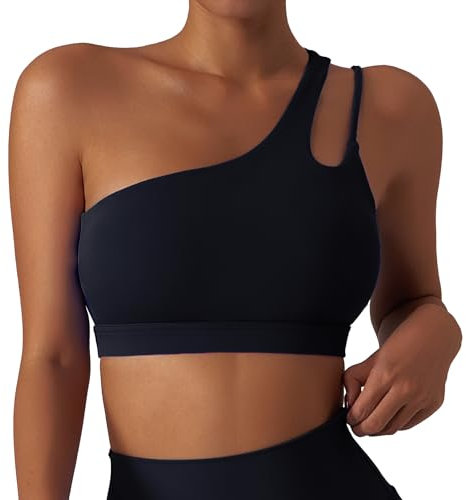 FEOYA Asymmetrischer Sport BH Damen Ärmellos Yoga BH mit Einer Schulter Gepolstert Push Up Bra One Shoulder Fitness Gym Bra Schwarz S